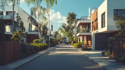 Fototapeta premium Modern residential street lined with stylish homes and greenery.