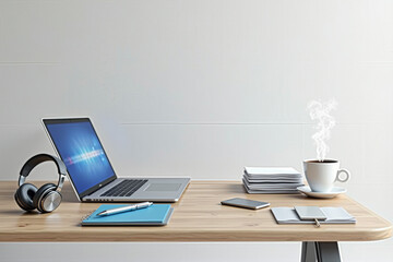 Minimalist Workspace with Laptop, Headphones, Notebooks, Coffee, and Lamp in Soft Pastel Colors – Modern Office Aesthetic for Productivity and Creativity