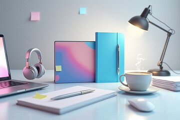 Minimalist Workspace with Laptop, Headphones, Notebooks, Coffee, and Lamp in Soft Pastel Colors – Modern Office Aesthetic for Productivity and Creativity