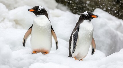 Fototapeta premium Penguin duo painted in watercolor style, set against a snowy backdrop with a gentle palette.