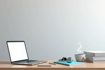 Minimalist Workspace with Laptop, Headphones, Notebooks, Coffee, and Lamp in Soft Pastel Colors – Modern Office Aesthetic for Productivity and Creativity