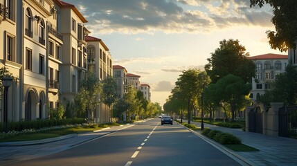 Serene street view with elegant buildings and lush greenery.