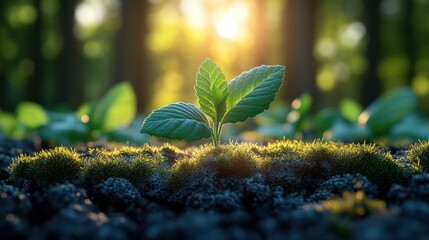 Young plant emerging from soil with sunlight in a forest setting.