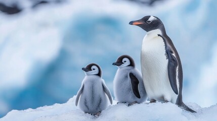 Fototapeta premium Penguin family in a watercolor style on an icy landscape, with soft blues and whites.