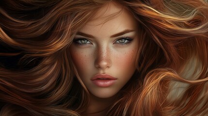 Naklejka premium Captivating Portrait of a Young Woman with Flowing Hair