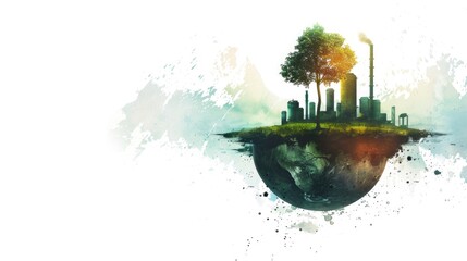 Painting of a tree on a planet with a city in the background. The painting has a mood of hope and a message of environmental conservation