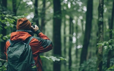 Man with binocular, back view, camera gear, backpack, animal observation. Hiking, nature research, travel journey, trekking in woods birdwatching outdoor. Zoology, ornithology, ecology concept