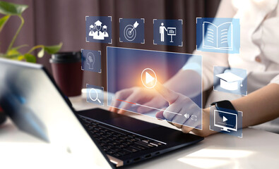 Person who attends online lessons on a digital screen.E-learning education, internet lessons and online webinar. Education internet Technology.