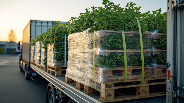 Truck loaded with pallets of plants, symbolizing efficient flower distribution.