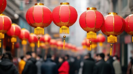 Festive Red Lanterns Hanging in Vibrant Street Scene
