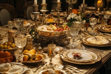 Fototapeta premium Luxury festive dinner table setting with traditional food serving dishes