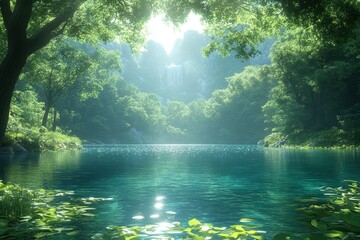 Fototapeta premium Tranquil lake surrounded by lush greenery and mountains during a serene morning light