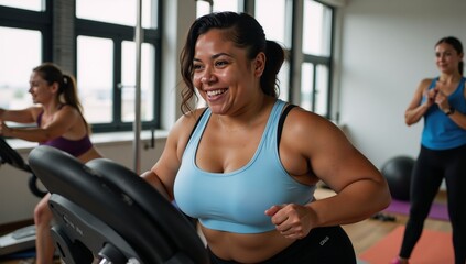 A plus-size woman does sports exercises at a gym while wearing sportswear and using workout equipment visibly sweating during her routine