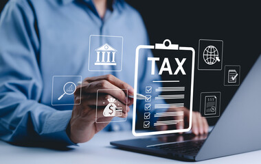 Income tax, Businessman calculates taxes using calculator and laptop. Icons related to finance, tax...