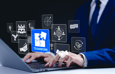 Teamwork and collaboration. Businessman typing on a laptop with digital icons representing teamwork, communication, and business strategies. The concepts of collaboration, teamwork, and partnerships.