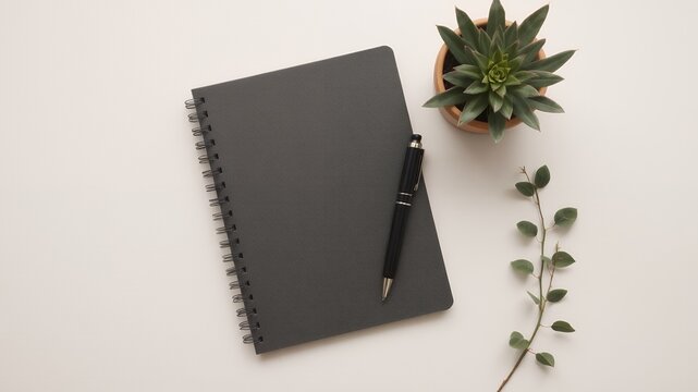 A gray notebook with a black pen, a potted plant and a sprig of leaves on a white surface