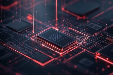 Futuristic circuit board illuminated by vibrant red lights at night. Generative AI