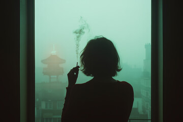 A contemplative silhouette of a person smoking against a green-tinted urban view with visible smoke, evoking introspection and urban solitude.