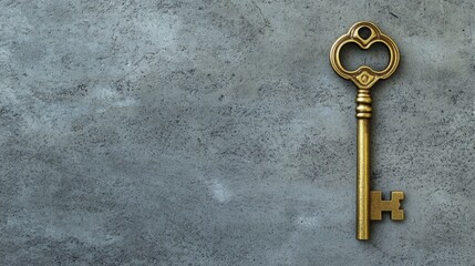 A golden key on a dark grey background, real estate concept 