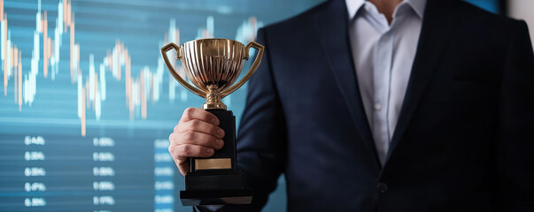 Businessman holds trophy, graph background shows success and achievement.