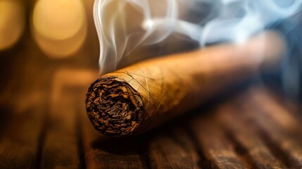 Relaxing Moment with a Smoky Cigar on a Wooden Surface
