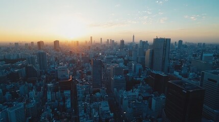 A drone capturing aerial footage of a modern city skyline with ample space in the sky for promotional text