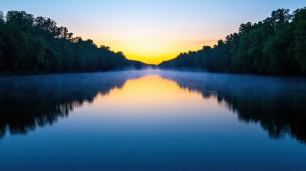 Obraz premium Fog Creeping Over Serene River at Dawn