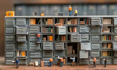 Obraz premium Miniature employees setting up tiny offices inside the drawers of a massive filing cabinet