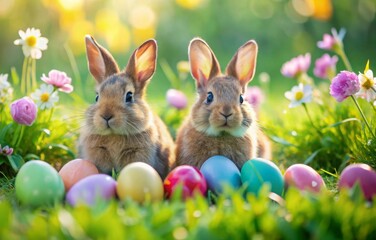 Fototapeta premium Two rabbits are sitting in a field of flowers and Easter eggs