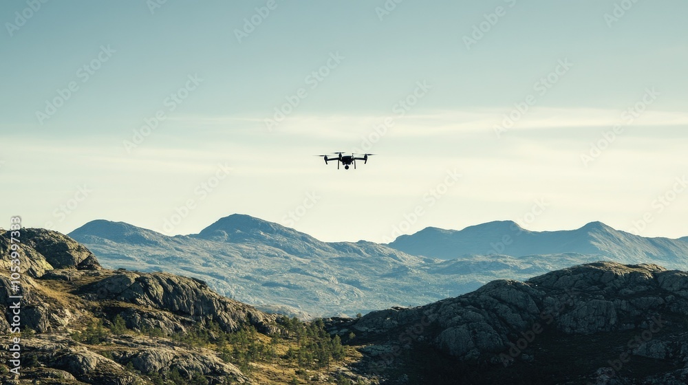 Canvas Prints A drone flying high above a mountain range with clear skies, offering ample copy space in the sky