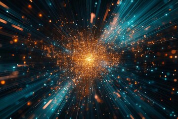 Vibrant cosmic explosion showcasing radiant particles in motion at twilight. Generative AI