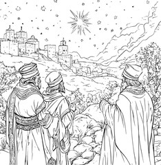 Obraz premium Three Wise Men Journeying to Bethlehem Intricate Christmas Coloring Page Depicting Traditional Nativity Scene with Stars and Ancient City Landscape