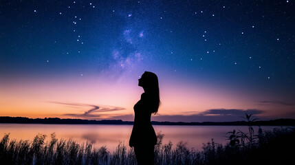 Fototapeta premium Silhouette of woman looking up at stars in the night sky with a lake in the foreground. Dreamy concept of hope, inspiration, and the cosmos.
