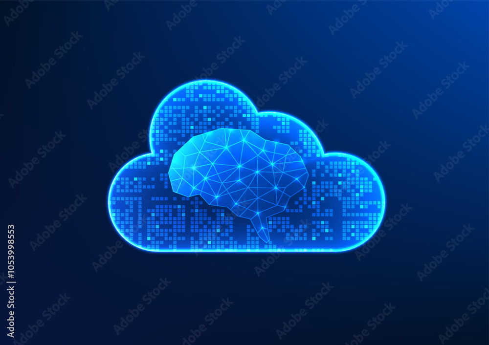 Poster cloud technology, inside is the brain, shows the integration of ai and cloud computing, which helps 