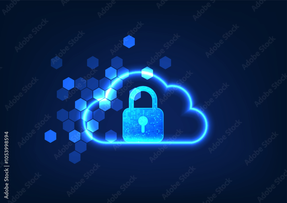 Poster cloud technology background inside is a lock with elements, showing the storage of data in a secure 