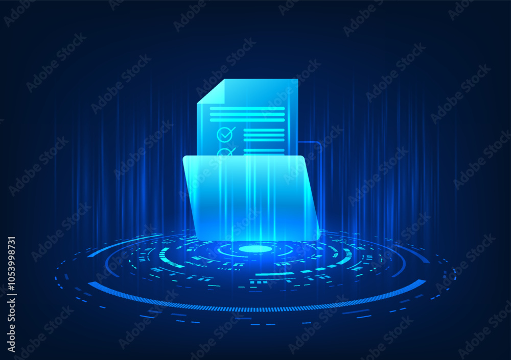 Fototapete hologram image of a digital storage technology document file projected, showing a digital document f
