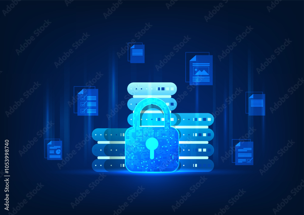 Poster background of the technology server with a security system is a lock in front of the important docum