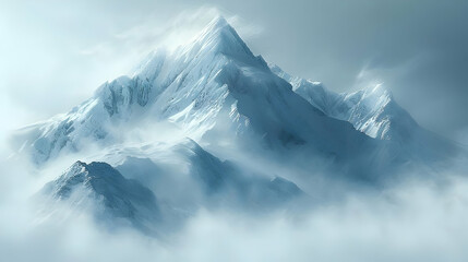 A majestic mountain peak shrouded in fog, with the snow-covered slopes visible through the mist.
