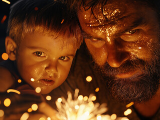 Close-up of a father and son setting off fireworks together