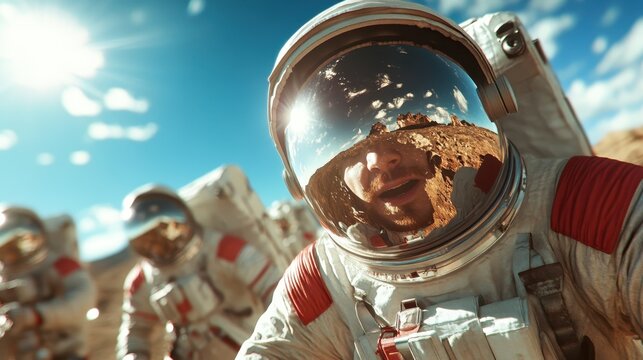 An astronaut snaps a selfie on a rugged, red-hued landscape, resembling Mars. Their expression shows excitement and adventure amidst unknown terrains and mystery.