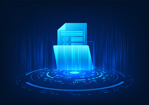 Hologram image of a digital storage technology document file projected, showing a digital document file stored on a secure Internet-based server.