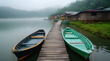 Obraz premium Foggy Riverbank with Boats and Wooden Pathway