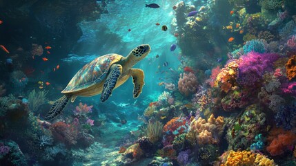 Naklejka premium Turtle gliding over seabed filled with vibrant coral and fish, capturing diverse ocean life in detail.