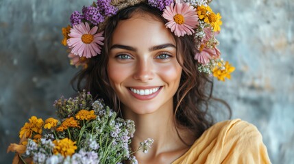 Portrait of smiling woman with flower crown holding bouquet of colorful wildflowers against gray background, celebrating natural beauty and connection with nature