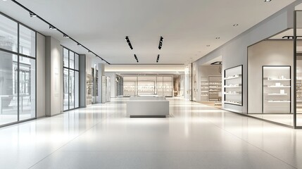 Obraz premium Empty retail space with bright lighting and a clean floor, perfect for text or ad placement