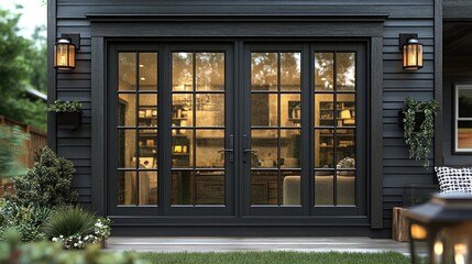 Obraz premium Modern black-framed doors leading to a cozy interior space.