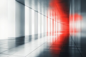 A modern corridor with contrasting red and white lighting in a minimalistic architectural space