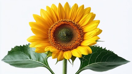 Obraz premium A vibrant sunflower with green leaves against a light background.