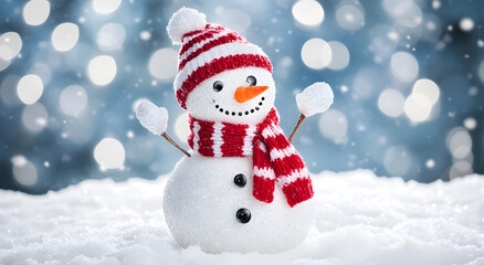Obraz premium Christmas decoration with a cute cheerful snowman in the snow in the winter forest bokeh background. AI generative. 