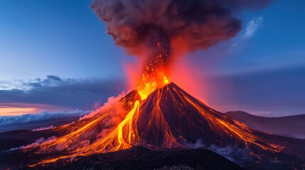 Erupting volcano with lava flows and thick smoke under twilight sky. Dramatic natural phenomenon and volcanic activity concept.